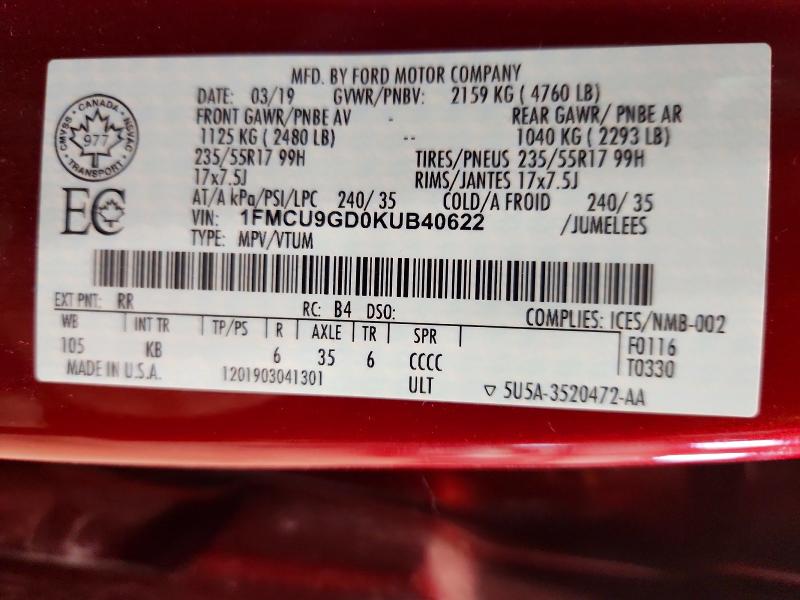 2019 Ford Escape მანქანა იყიდება აუქციონზე, vin: 1FMCU9GD0KUB40622, აუქციონის ნომერი: 58297856