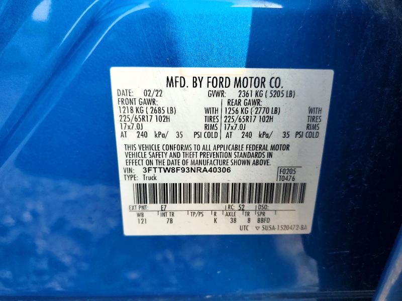 Продаж на аукціоні авто 2022 Ford Maverick, vin: 3FTTW8F93NRA40306, номер лоту: 57145326