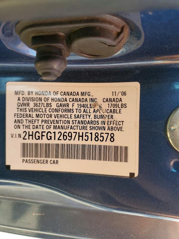 Aukcja sprzedaży 2007 Honda Civic, vin: 2HGFG12697H518578, numer aukcji: 58469316