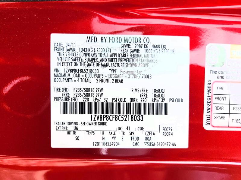 2012 Ford Mustang მანქანა იყიდება აუქციონზე, vin: 1ZVBP8CF8C5218033, აუქციონის ნომერი: 56798776