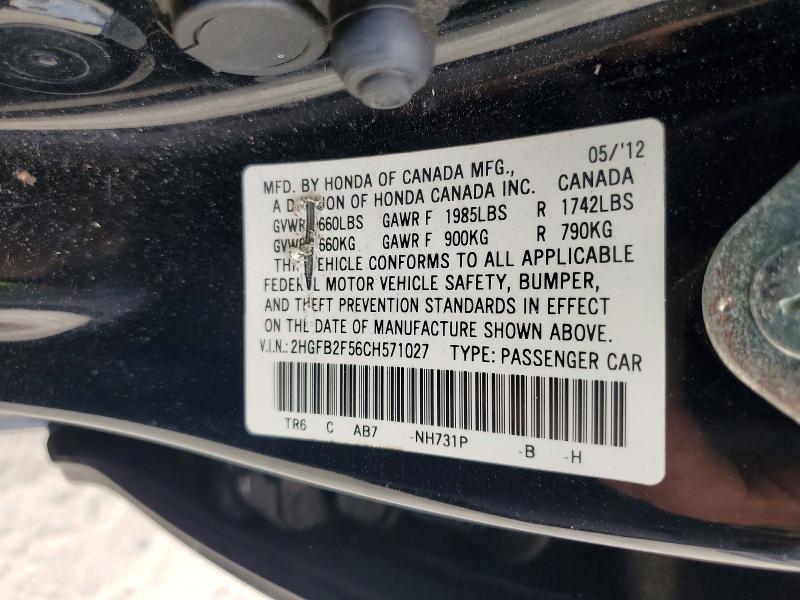 Aukcja sprzedaży 2012 Honda Civic, vin: 2HGFB2F56CH571027, numer aukcji: 59378536