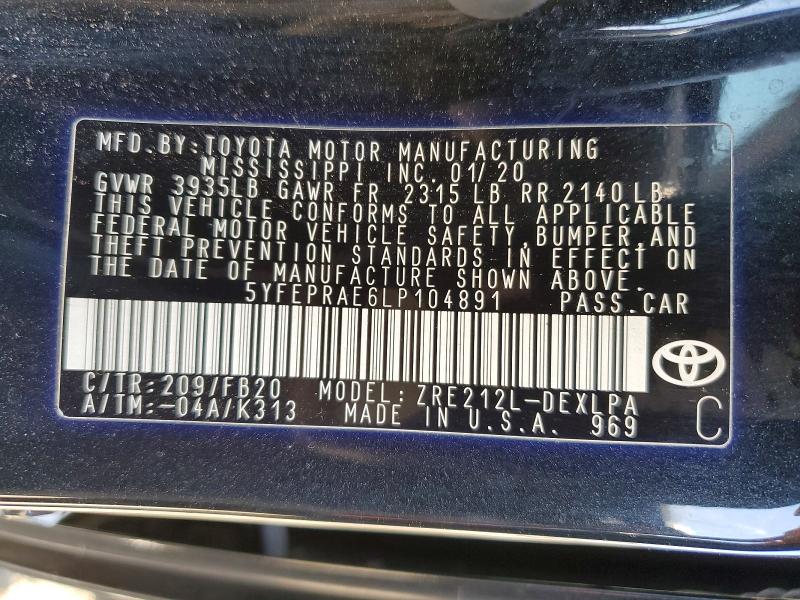 2020 Toyota Corolla მანქანა იყიდება აუქციონზე, vin: 5YFEPRAE6LP104891, აუქციონის ნომერი: 56129816