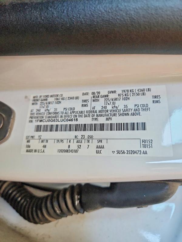 58413586 :رقم المزاد ، 1FMCU0G63LUC04618 vin ، 2020 Ford Escape مزاد بيع