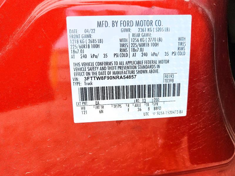 2022 Ford Maverick მანქანა იყიდება აუქციონზე, vin: 3FTTW8F90NRA54857, აუქციონის ნომერი: 59258496