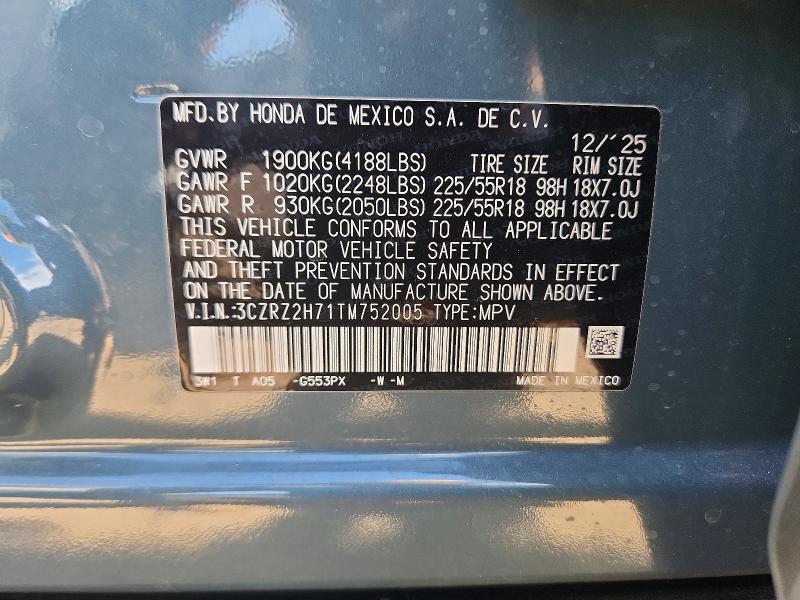 2026 Honda Hr-v მანქანა იყიდება აუქციონზე, vin: 3CZRZ2H71TM752005, აუქციონის ნომერი: 55961136