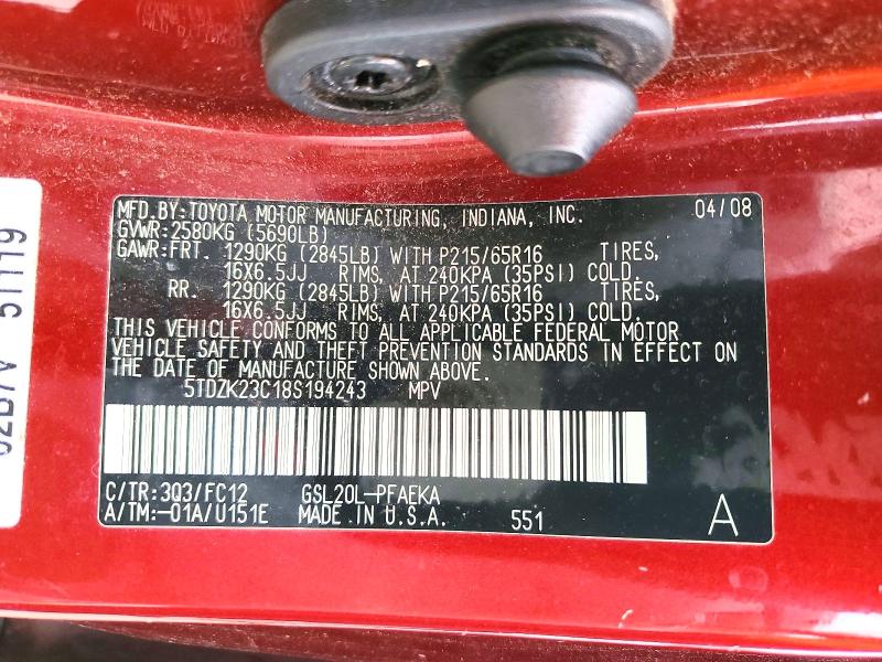 2008 Toyota Sienna მანქანა იყიდება აუქციონზე, vin: 5TDZK23C18S194243, აუქციონის ნომერი: 56071376