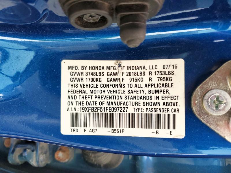 Продаж на аукціоні авто 2015 Honda Civic, vin: 19XFB2F51FE097227, номер лоту: 56979886