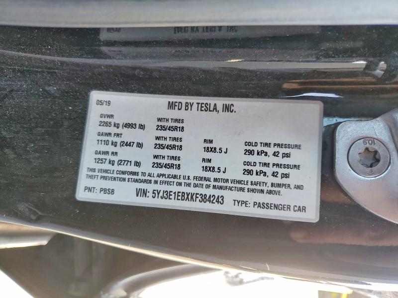 Продажа на аукционе авто 2019 Tesla Model 3, vin: 5YJ3E1EBXKF384243, номер лота: 59344276