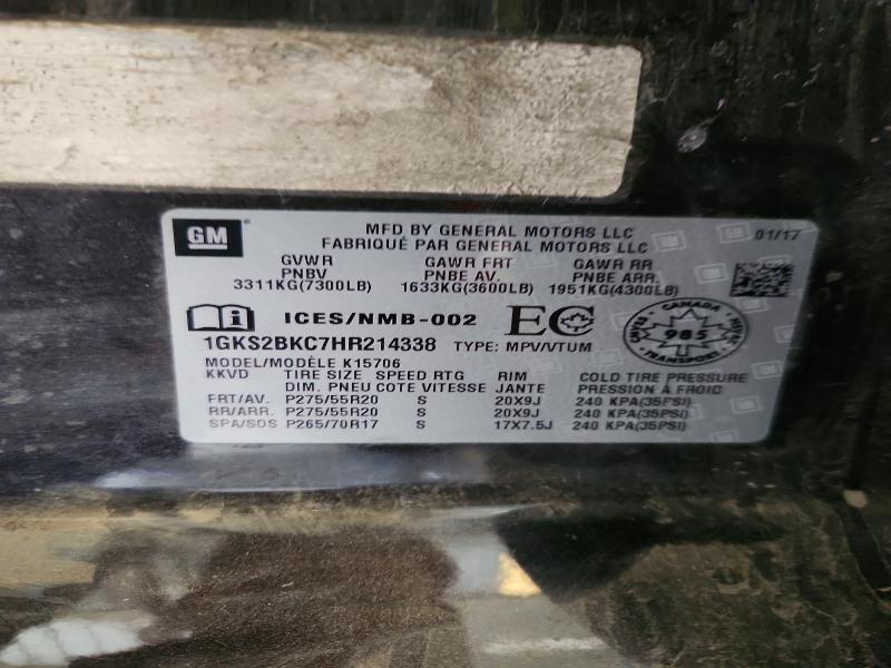 58247696 :رقم المزاد ، 1GKS2BKC7HR214338 vin ، 2017 Gmc Yukon مزاد بيع