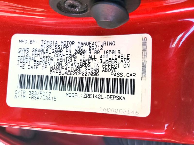 Продаж на аукціоні авто 2012 Toyota Corolla, vin: 5YFBU4EE2CP007096, номер лоту: 55653496