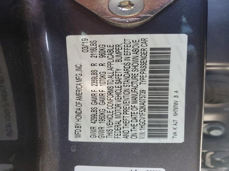 57777896 :رقم المزاد ، 1HGCV1F52KA075739 vin ، 2019 Honda Accord مزاد بيع