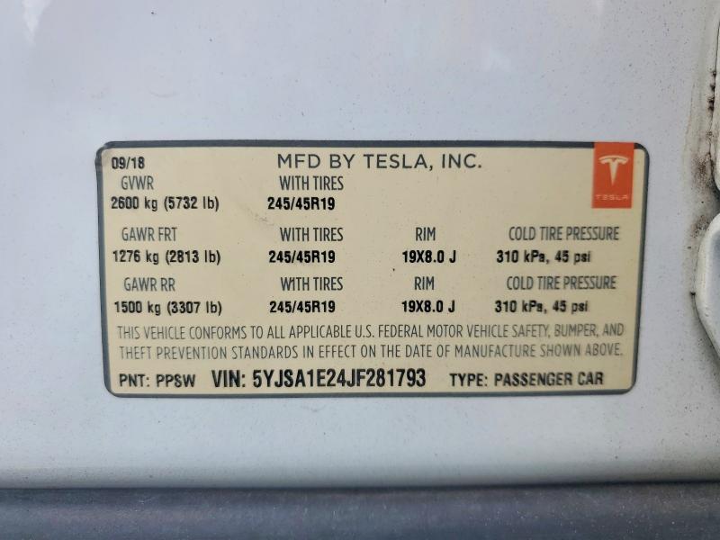 56666276 :رقم المزاد ، 5YJSA1E24JF281793 vin ، 2018 Tesla Model S مزاد بيع