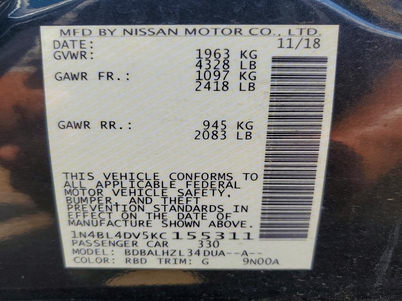 2019 Nissan Altima მანქანა იყიდება აუქციონზე, vin: 1N4BL4DV5KC155311, აუქციონის ნომერი: 58057956