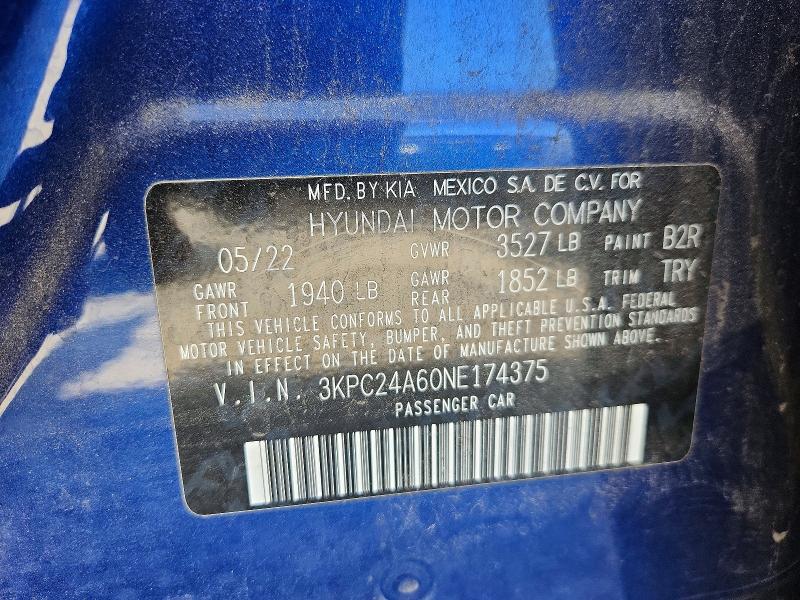 Aukcja sprzedaży 2022 Hyundai Accent, vin: 3KPC24A60NE174375, numer aukcji: 56675136