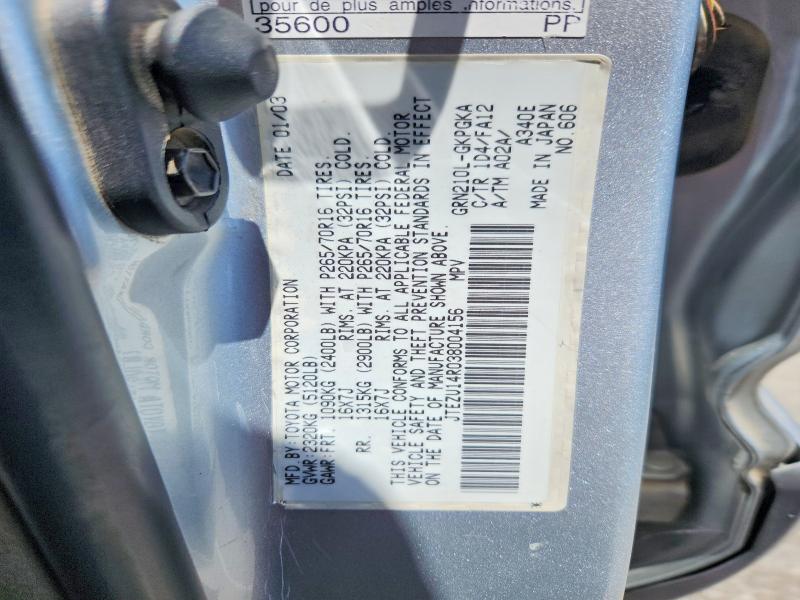 Auction sale of the 2003 Toyota 4runner, vin: JTEZU14R038004156, lot number: 55790316