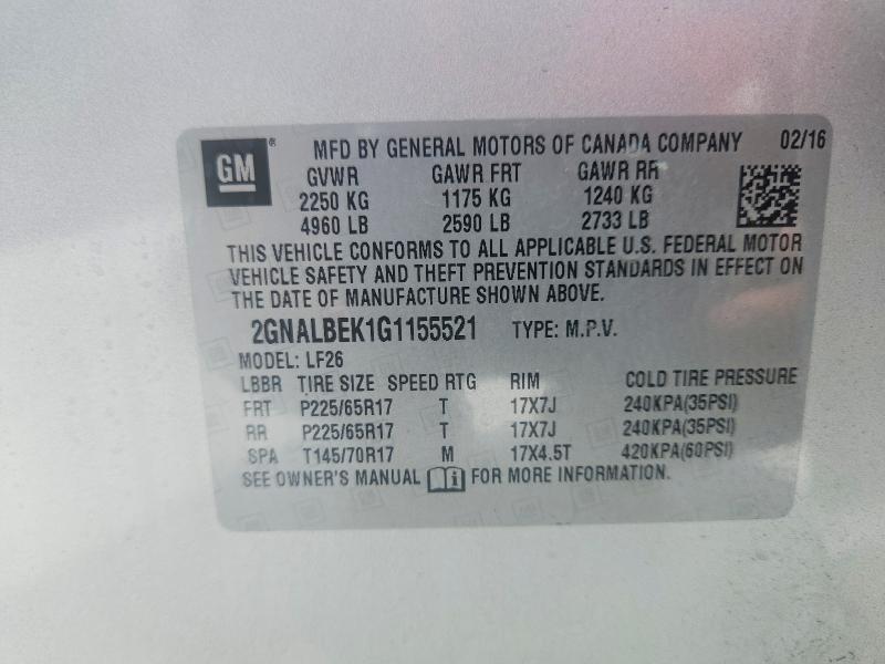 2016 Chevrolet Equinox მანქანა იყიდება აუქციონზე, vin: 2GNALBEK1G1155521, აუქციონის ნომერი: 58656056