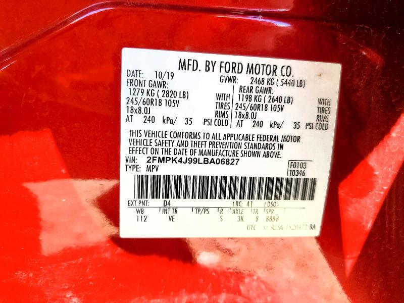 2020 Ford Edge მანქანა იყიდება აუქციონზე, vin: 2FMPK4J99LBA06827, აუქციონის ნომერი: 55513816