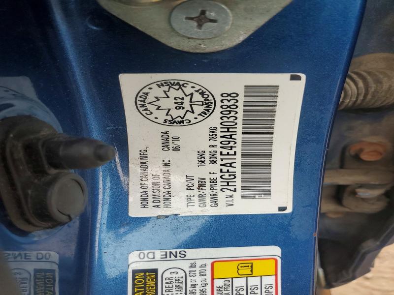 2010 Honda Civic მანქანა იყიდება აუქციონზე, vin: 2HGFA1E49AH039838, აუქციონის ნომერი: 57957076