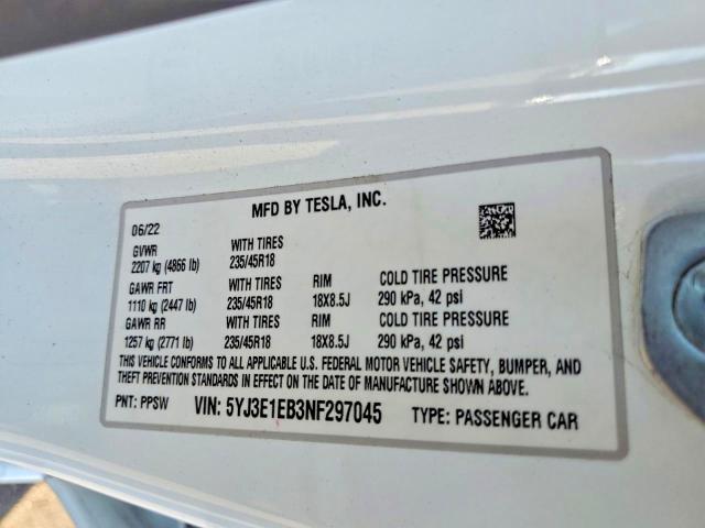 Aukcja sprzedaży 2022 Tesla Model 3, vin: 5YJ3E1EB3NF297045, numer aukcji: 58408216