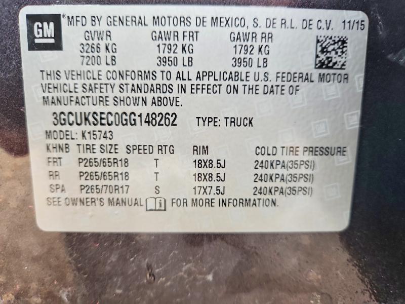 2016 Chevrolet Silverado მანქანა იყიდება აუქციონზე, vin: 3GCUKSEC0GG148262, აუქციონის ნომერი: 57774836