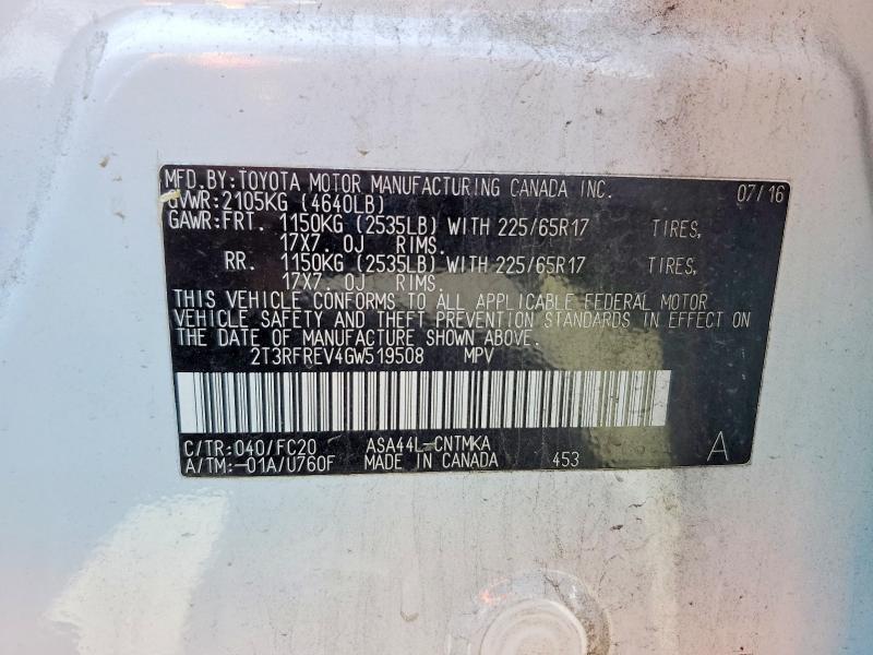 Aukcja sprzedaży 2016 Toyota Rav4, vin: 2T3RFREV4GW519508, numer aukcji: 58306606