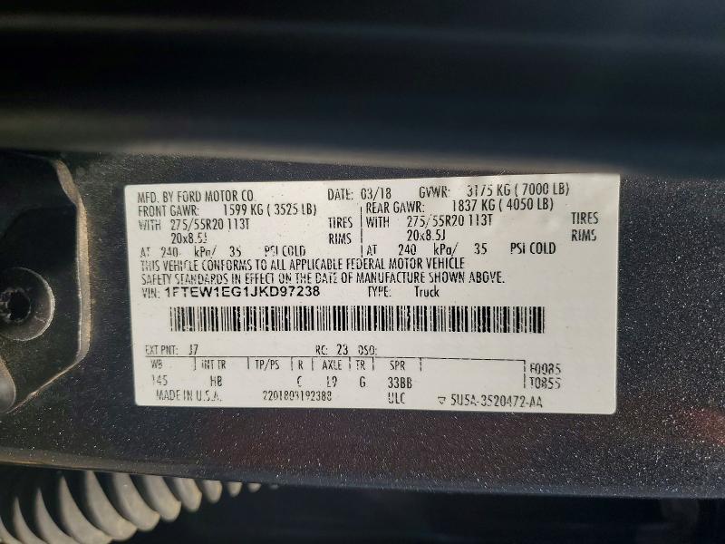 Продаж на аукціоні авто 2018 Ford F150, vin: 1FTEW1EG1JKD97238, номер лоту: 55556196