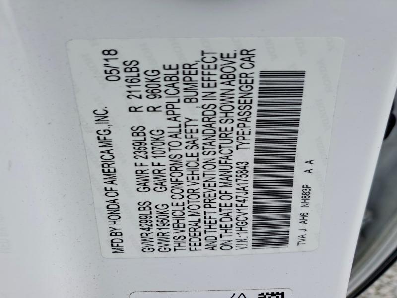 Aukcja sprzedaży 2018 Honda Accord, vin: 1HGCV1F47JA175843, numer aukcji: 59312496