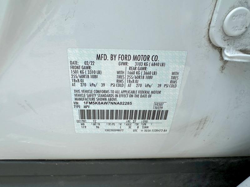 2022 Ford Explorer მანქანა იყიდება აუქციონზე, vin: 1FM5K8AW7NNA02285, აუქციონის ნომერი: 53934096