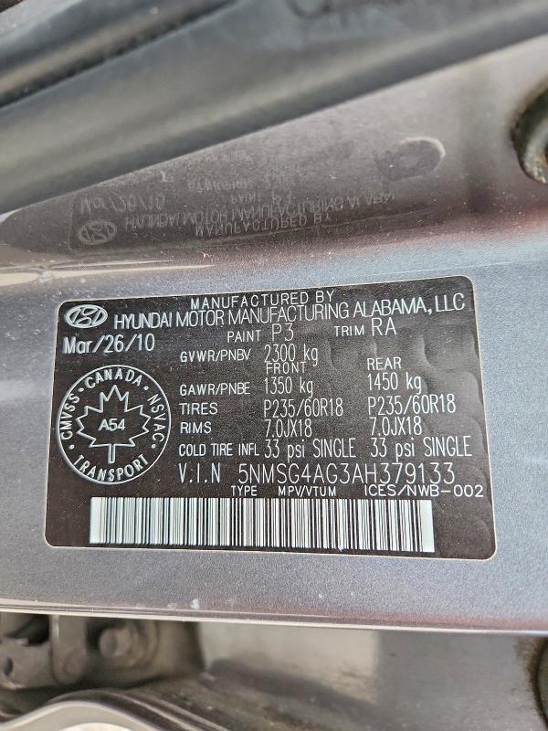 Продажа на аукционе авто 2010 Hyundai Santa Fe, vin: 5NMSG4AG3AH379133, номер лота: 57541296