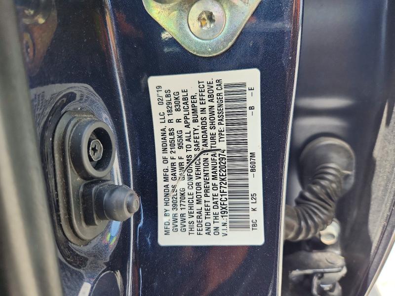 Aukcja sprzedaży 2019 Honda Civic, vin: 19XFC1F72KE202974, numer aukcji: 58550406