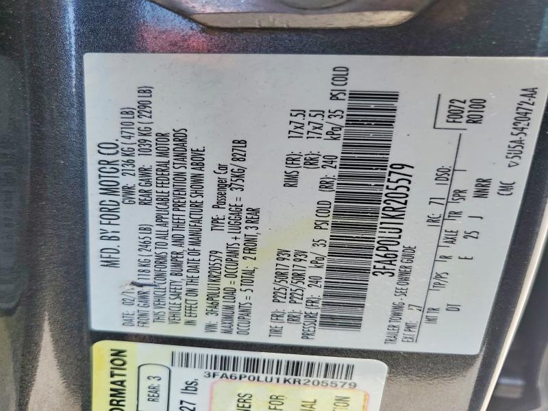 Aukcja sprzedaży 2019 Ford Fusion, vin: 3FA6P0LU1KR205579, numer aukcji: 58753346
