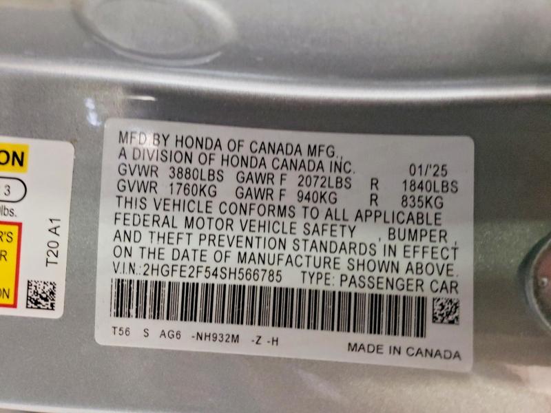 2025 Honda Civic მანქანა იყიდება აუქციონზე, vin: 2HGFE2F54SH566785, აუქციონის ნომერი: 56693686