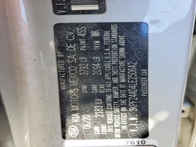 58581216 :رقم المزاد ، 3KPF24AD4LE250642 vin ، 2020 Kia Forte مزاد بيع