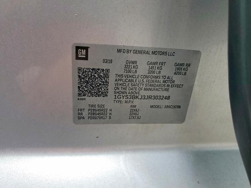 2018 Cadillac Escalade მანქანა იყიდება აუქციონზე, vin: 1GYS3BKJ3JR303248, აუქციონის ნომერი: 57118766