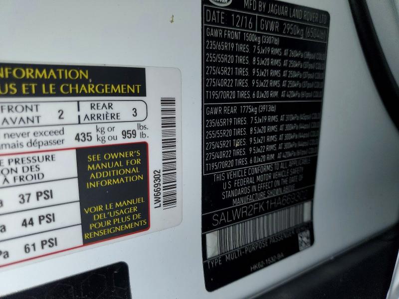 Aukcja sprzedaży 2017 Land Rover Range Rover Sport, vin: SALWR2FK1HA669302, numer aukcji: 59337246