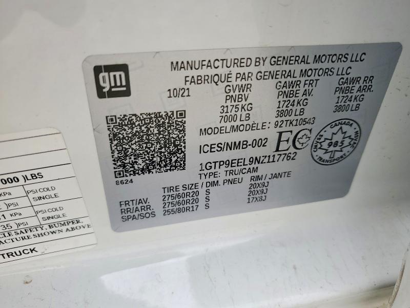 Aukcja sprzedaży 2022 Gmc Sierra Limited, vin: 1GTP9EEL9NZ117762, numer aukcji: 55397766