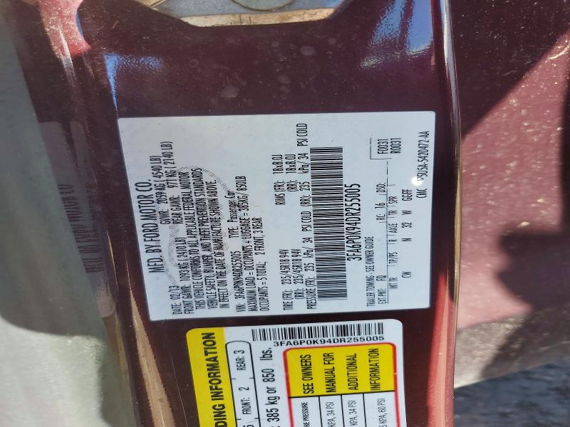 2013 Ford Fusion მანქანა იყიდება აუქციონზე, vin: 3FA6P0K94DR255005, აუქციონის ნომერი: 55428086