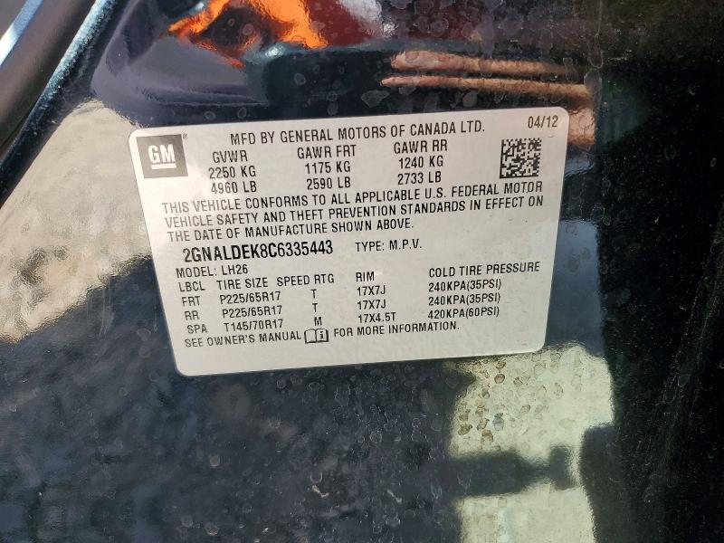 2012 Chevrolet Equinox მანქანა იყიდება აუქციონზე, vin: 2GNALDEK8C6335443, აუქციონის ნომერი: 59169426
