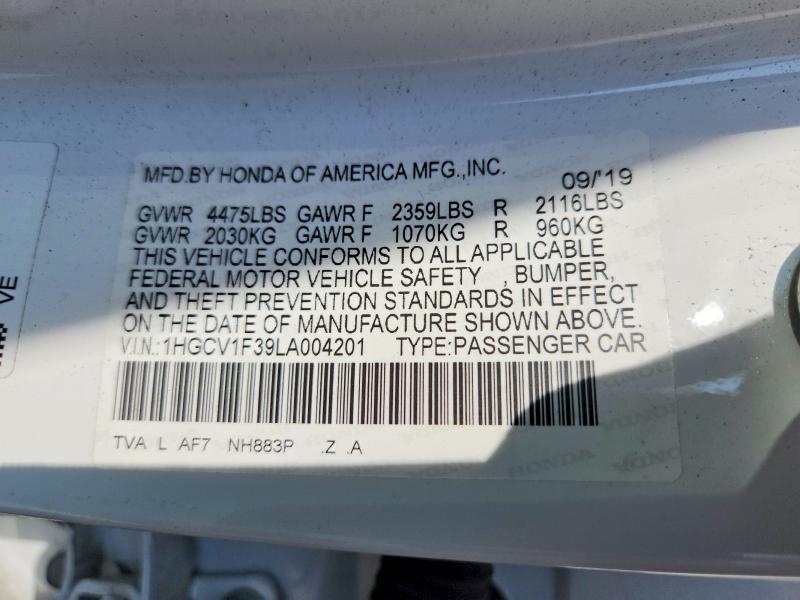 Продажа на аукционе авто 2020 Honda Accord, vin: 1HGCV1F39LA004201, номер лота: 54530166