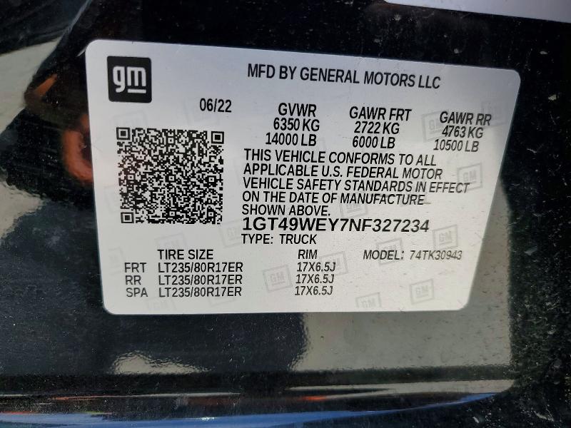 2022 Gmc Sierra მანქანა იყიდება აუქციონზე, vin: 1GT49WEY7NF327234, აუქციონის ნომერი: 55207366