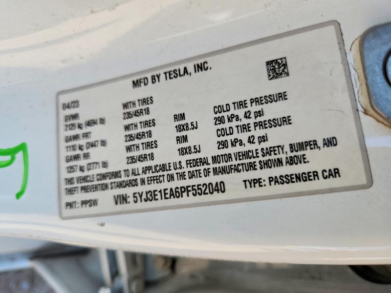 58817136 :رقم المزاد ، 5YJ3E1EA6PF552040 vin ، 2023 Tesla Model 3 مزاد بيع