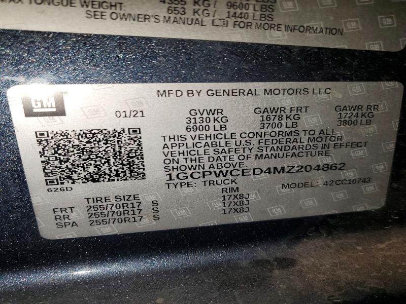 2021 Chevrolet Silverado მანქანა იყიდება აუქციონზე, vin: 1GCPWCED4MZ204862, აუქციონის ნომერი: 57083716