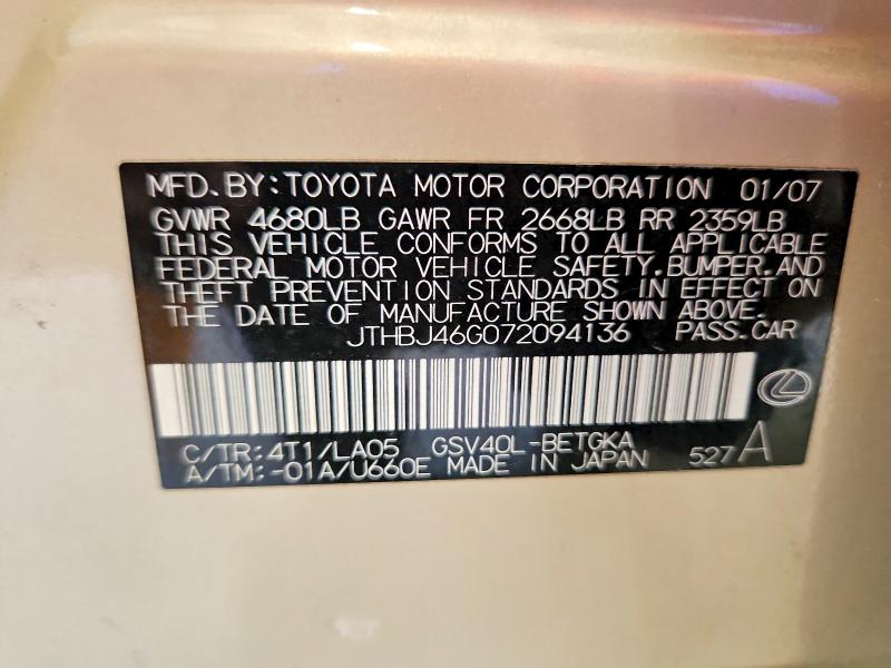 Aukcja sprzedaży 2007 Lexus Es, vin: JTHBJ46G072094136, numer aukcji: 55853946