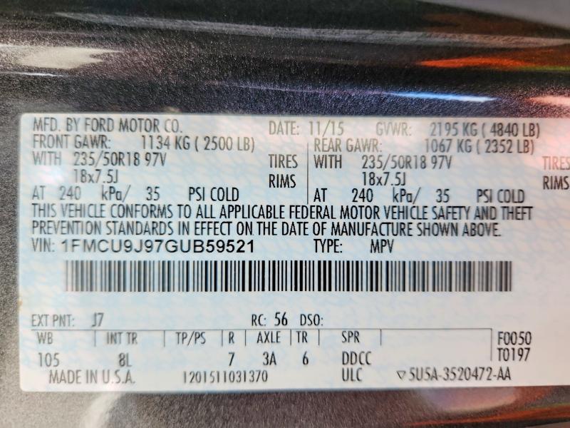 2016 Ford Escape მანქანა იყიდება აუქციონზე, vin: 1FMCU9J97GUB59521, აუქციონის ნომერი: 55720326