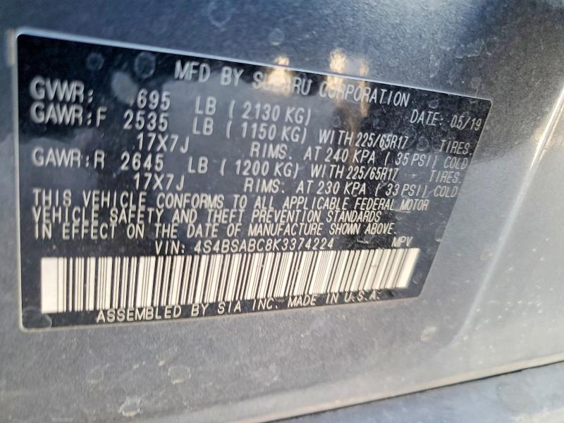 Продажа на аукционе авто 2019 Subaru Outback, vin: 4S4BSABC8K3374224, номер лота: 56367456