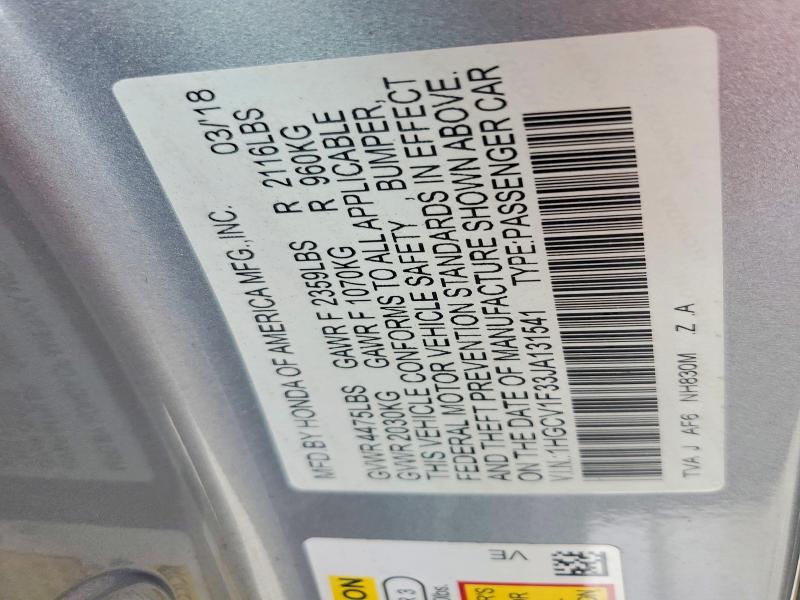 Продаж на аукціоні авто 2018 Honda Accord, vin: 1HGCV1F33JA131541, номер лоту: 55545476
