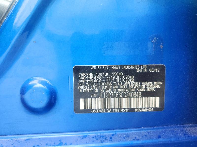 Aukcja sprzedaży 2012 Subaru Impreza, vin: JF1GR7E63CG240848, numer aukcji: 56889266
