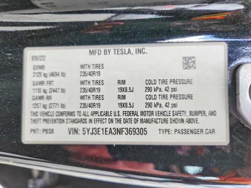 Aukcja sprzedaży 2022 Tesla Model 3, vin: 5YJ3E1EA3NF369305, numer aukcji: 57127376