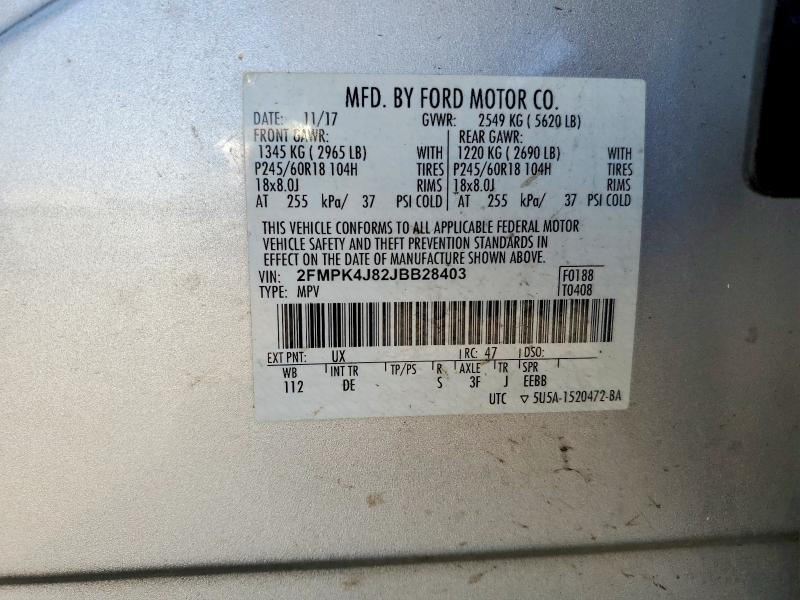 56779226 :رقم المزاد ، 2FMPK4J82JBB28403 vin ، 2018 Ford Edge مزاد بيع