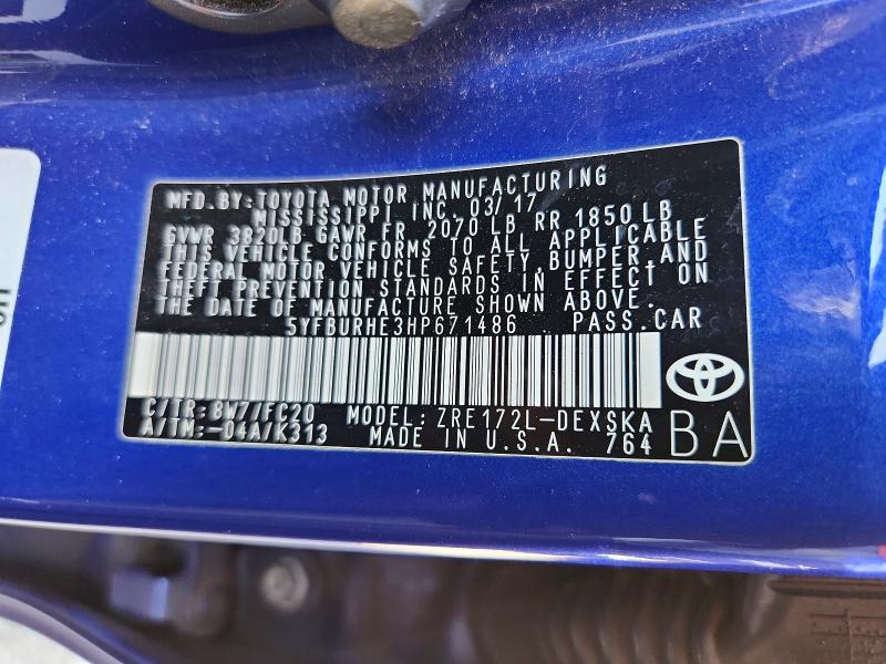 Продажа на аукционе авто 2017 Toyota Corolla, vin: 5YFBURHE3HP671486, номер лота: 54075476